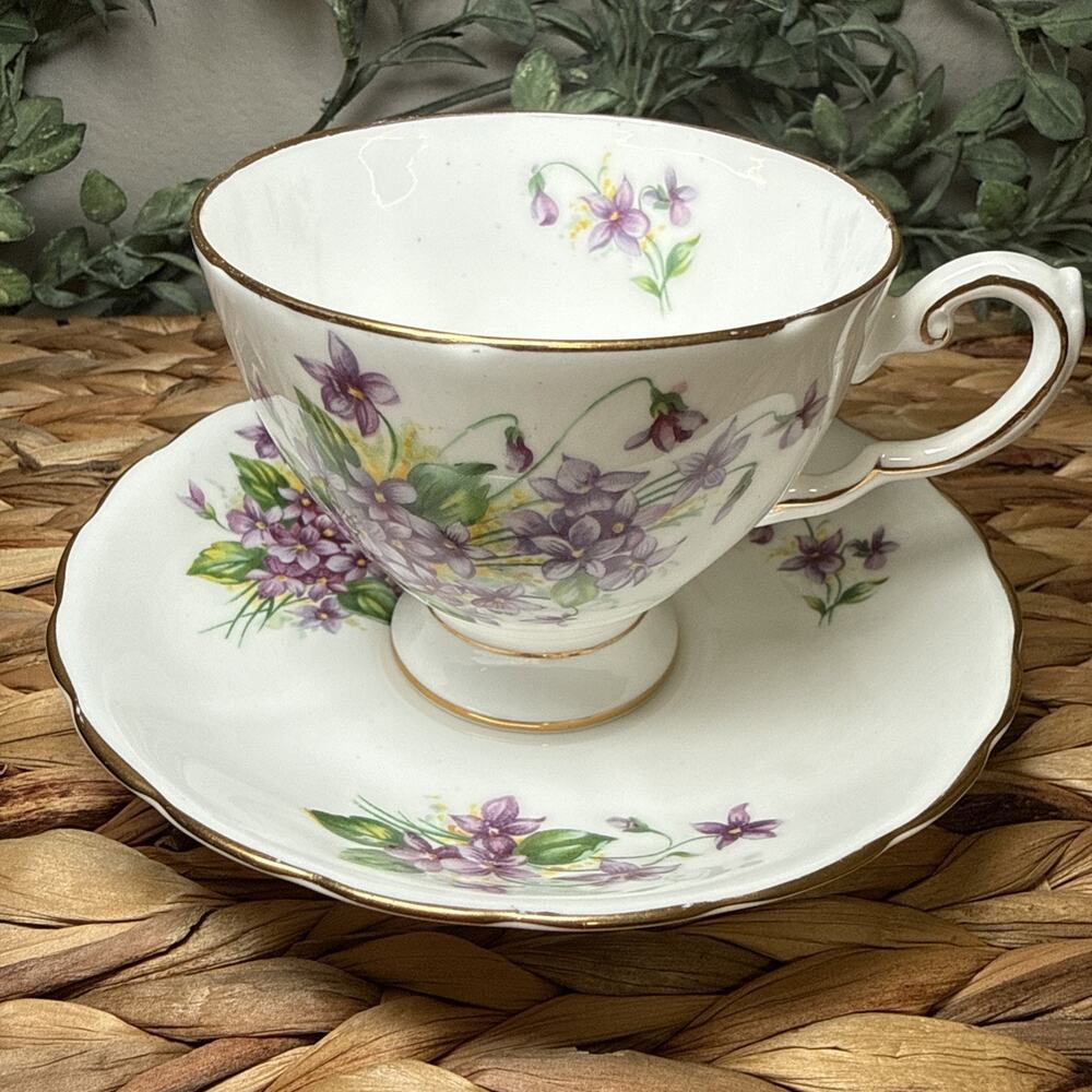 Tuscan Birthday Flowers Bone China Teacup & Saucer Violet Floral England Vtg